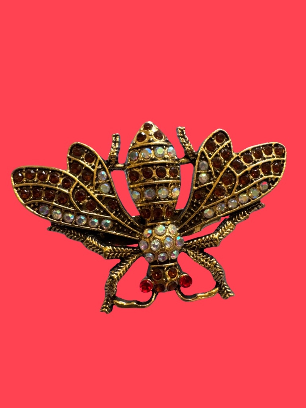 Gold Tone Bee Brooch with Multicolor Rhinestones